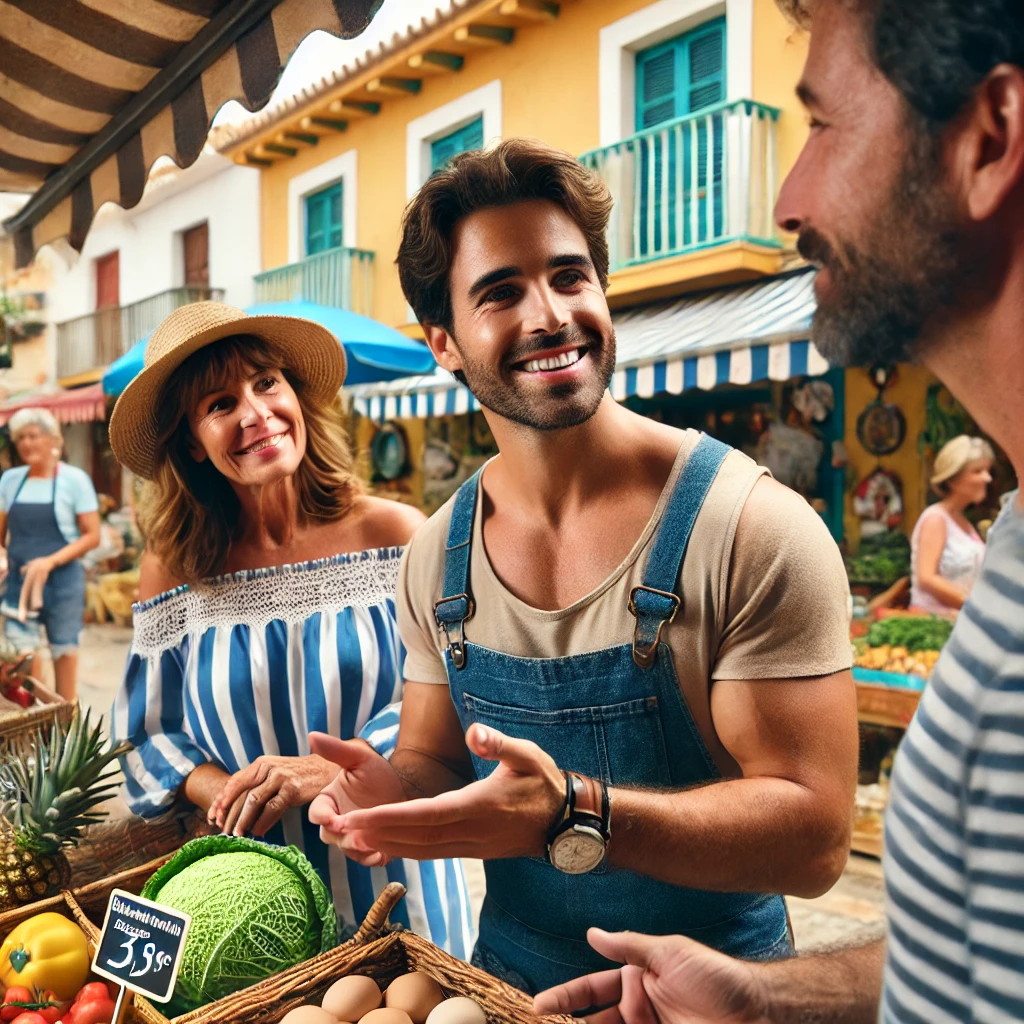 Dueño de negocio local en Costa Blanca interactuando con turistas