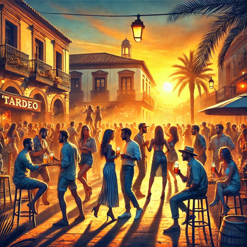 Scene of the tardeo culture in Alicante, showing people (boys and girls) enjoying drinks on a terrace during sunset.