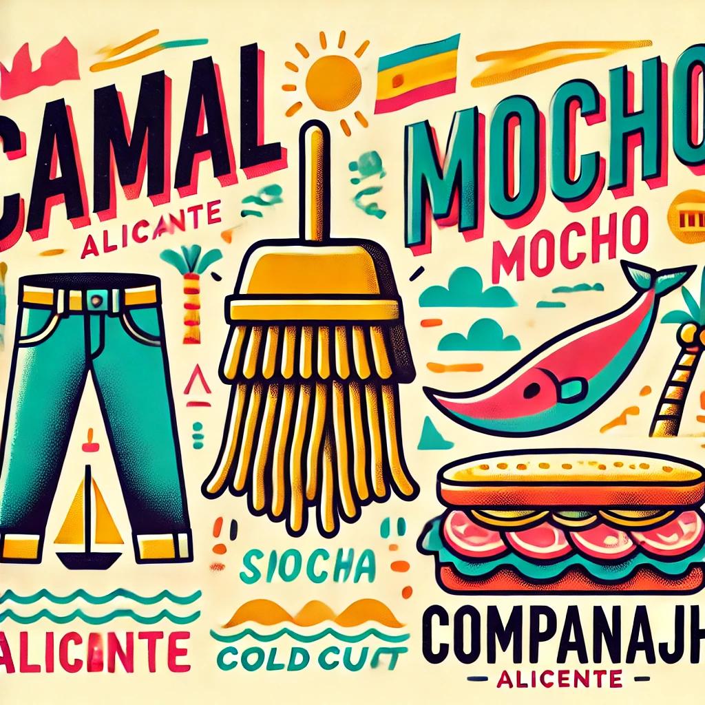 Illustration of various Alicantinismos like camal, mocho, and companaje with icons