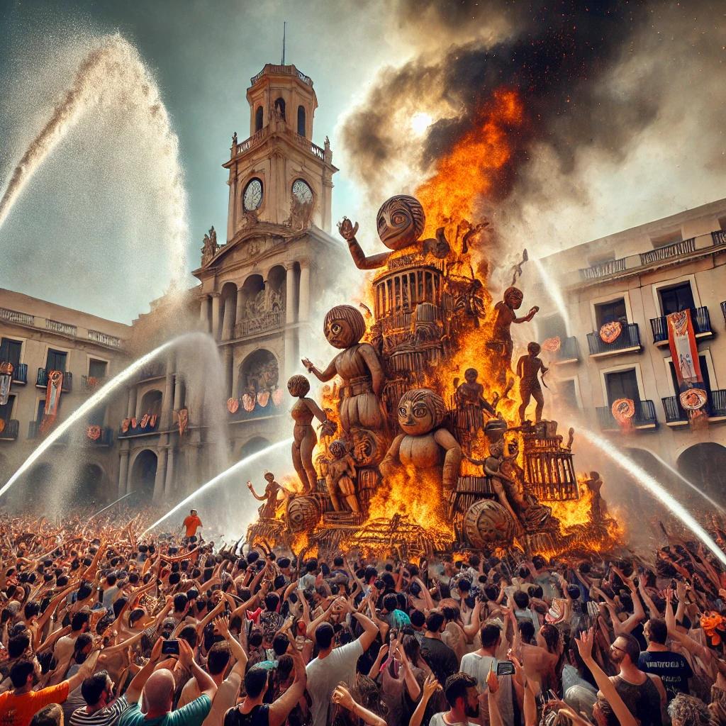 The Hogueras de San Juan festival in Alicante, with bonfires and people celebrating under water spray