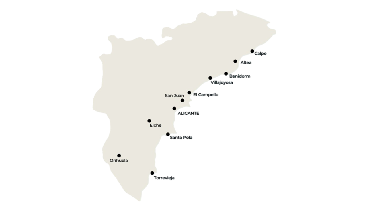 foto mapa provincia de Alicante con las principales ciudades costeras